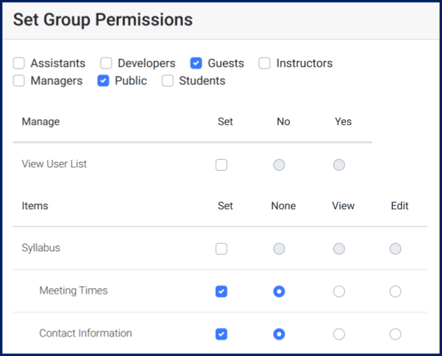 The Set Group Permissions interface; Guests and Public groups are selected. Meeting Times and Contact Information are set to None. 
