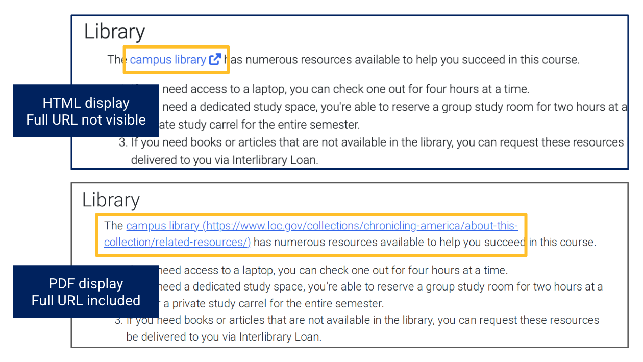 Two snapshots from the same syllabus; the top is html display that has a hyperlink highlighted in blue. The second snapshot is the PDF display that includes the full URL in parentheses after the hyperlink. This presentation is highlighted in yellow.