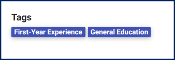 Tags applied to an individual course on the Info page; tags include First-Year Experience and General Education
