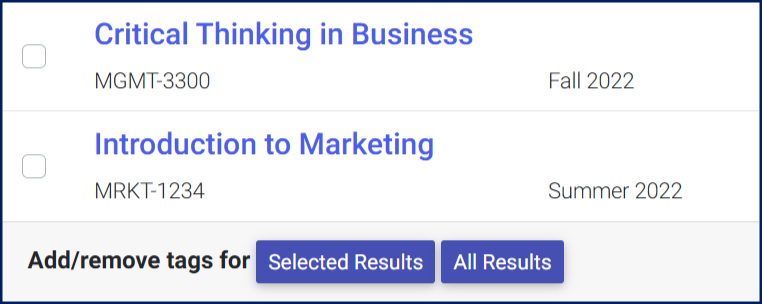 Search results for courses to set tags on are listed, followed by the option to set tags on selected or all results.