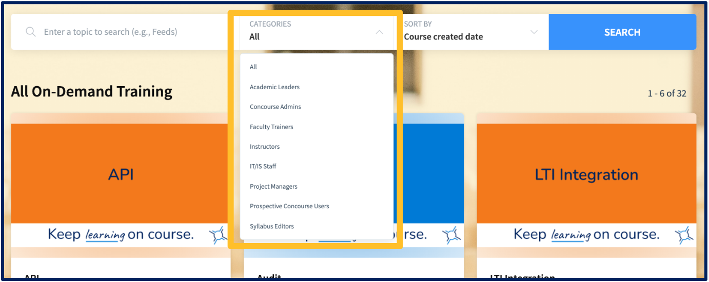 The On-Demand Training page of the SRC includes a categories drop down, highlighted in yellow. The categories include All, Academic Leaders, Concourse Admins, Faculty Trainers, Instructors, and more.