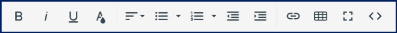 The Froala editor includes buttons for bold, italics, underline, text color, text align, unordered lists, ordered lists, outdent, indent, hyperlink, table, full-screen, and HTML editor.