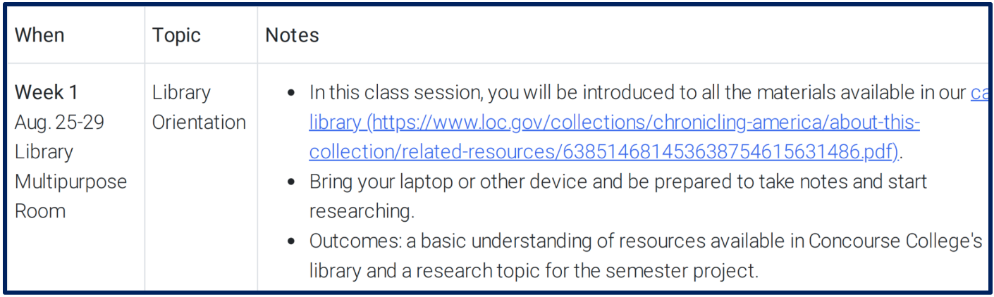 A snapshot of a schedule in a Concourse syllabus. The final column contains a very long URL and the text is cut off on the right margin instead of wrapping.