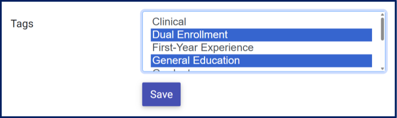 The Tags multi-select menu of the course settings area. Dual Enrollment and General Education Tags are selected.