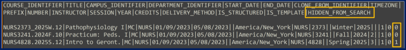 A .txt file for a course feed shows the hidden_from_search field highlighted.