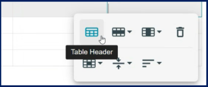 The dropdown table presents options to add a table header, adjust rows and columns, delete the table, adjust individual cells, or adjust vertical and horizontal alignment. The first option for header row is selected.
