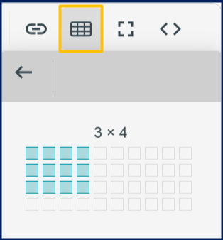 The table icon is highlighted in yellow; when selected, it presents a dropdown menu to select the table size desired.