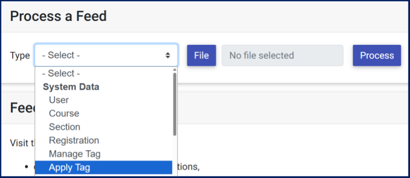 The feed processing page in the Concourse interface is shown with the feed dropdown menu showing Apply Tag as the selection.