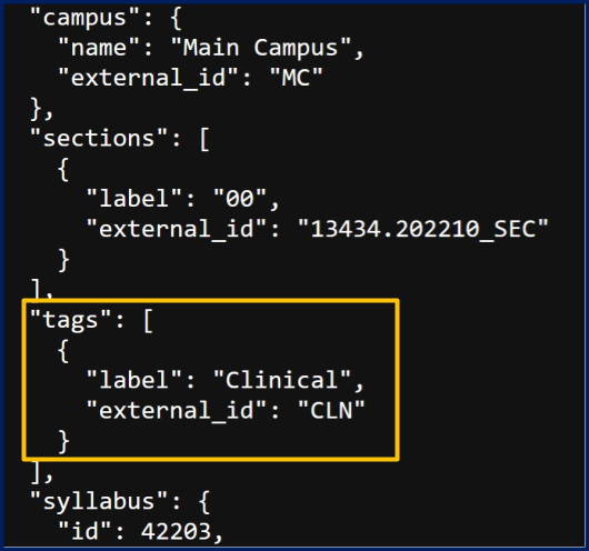 JSON output of a Concourse syllabus. Tags are highlighted in yellow and include label and external ID.