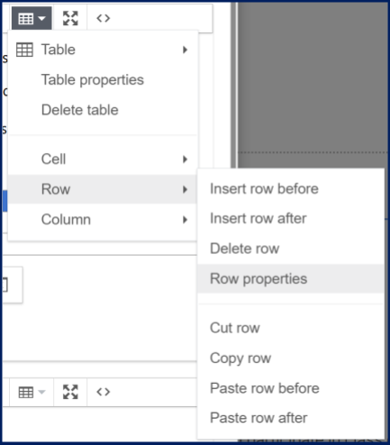 The Row properties option is highlighted in the table dropdown menu.