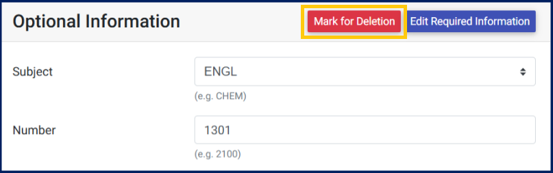 The Mark for Deletion link is a red button in the upper-right corner of the Optional Information block; it is highlighted in a yellow box.