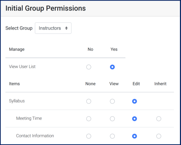 Initial Group Permissions page is displayed for Concourse Full. The selected group is instructors; instructors can view user list and edit syllabus, meeting time, and contact information items.