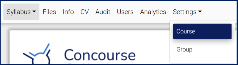 The syllabus navigation menu shows Settings dropdown menu opened with Course selected.