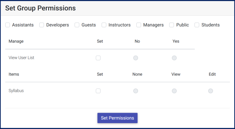 The Set Group Permissions interface for Concourse Starter only includes options to view the user list and set permissions on the entire syllabus.