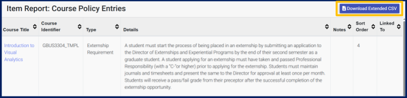 An Item Report in the Concourse interface. It includes the course title, identifier, type of item, details for the item, notes, sort order, and if the item is linked to another item. In the upper-right corner, a link to Download Extended CSV is highlighted in yellow.