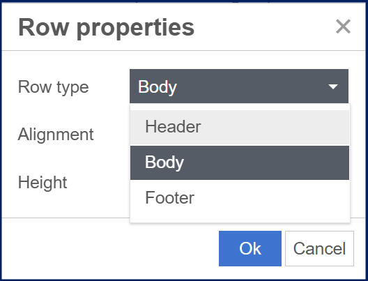 The Row properties menu includes Header, Body, and Footer options. Header is highlighted in gray.